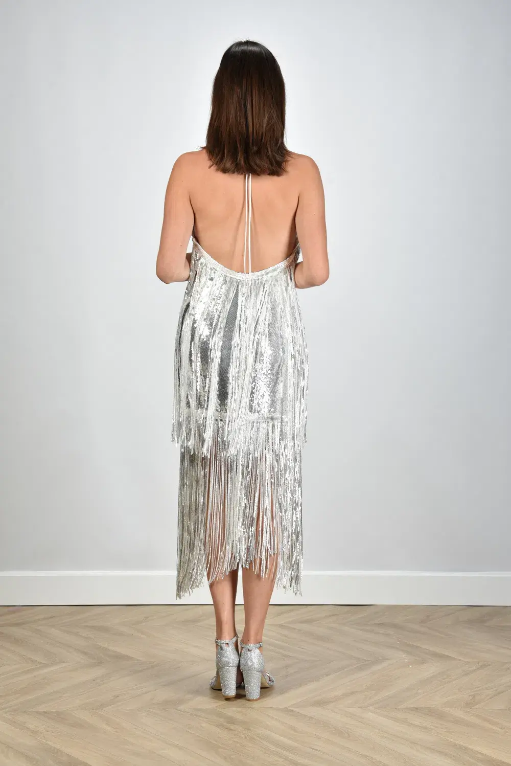 Rotate Sequins Mini Fringe Dress Silver Size 8 - Image 3