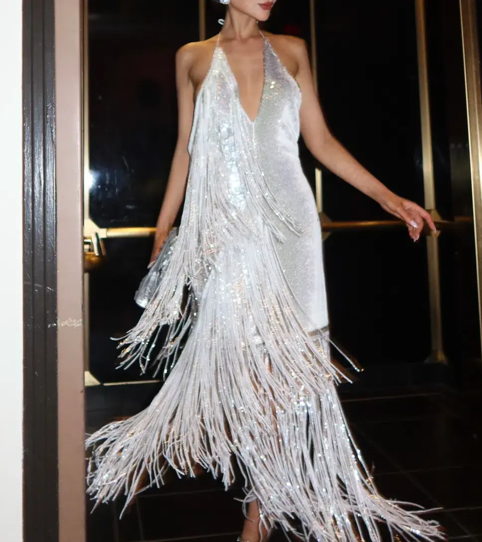 Rotate Sequins Mini Fringe Dress Silver Size 8 - Image 1