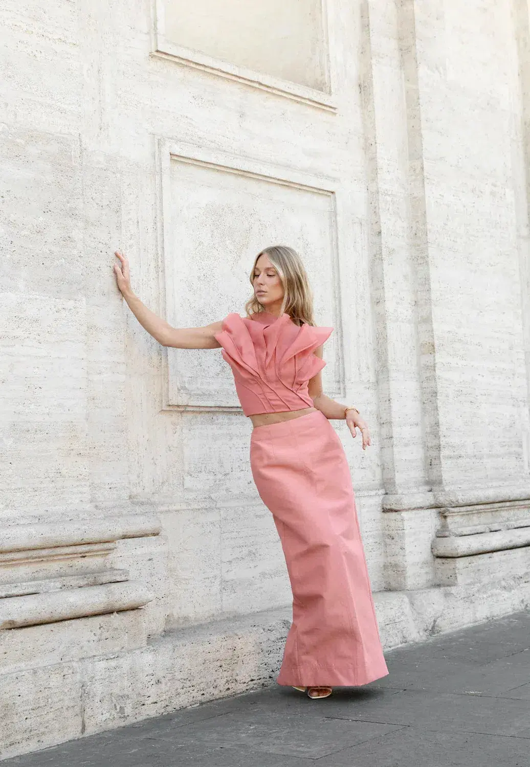 Aje Flame Crop Top and Mary Column Maxi Skirt Set in Guava Pink Size 10  - Image 3