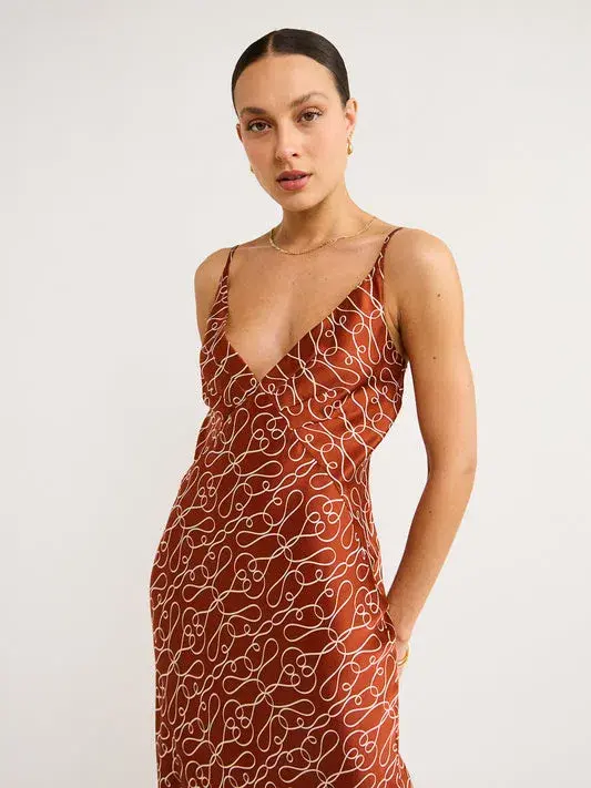Shona Joy Artisti Silk Plunged Slip Midi Dress In Brick/Cream Size 8 - Image 2