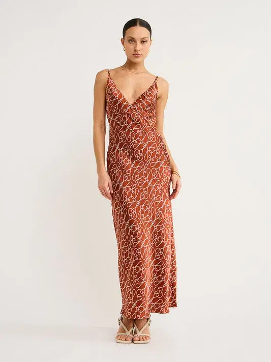 Shona Joy Artisti Silk Plunged Slip Midi Dress In Brick/Cream Size 8 - Image 1