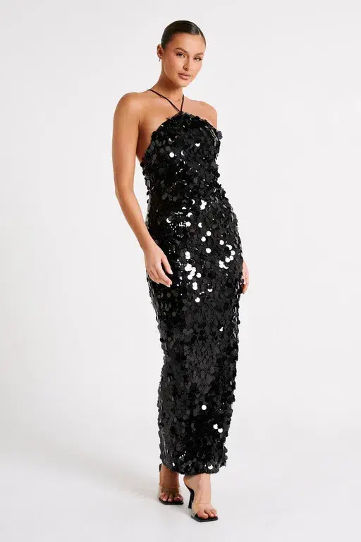 Meshki April Sequin Halter Maxi Dress Black Size 10  for rent on The Volte - main image