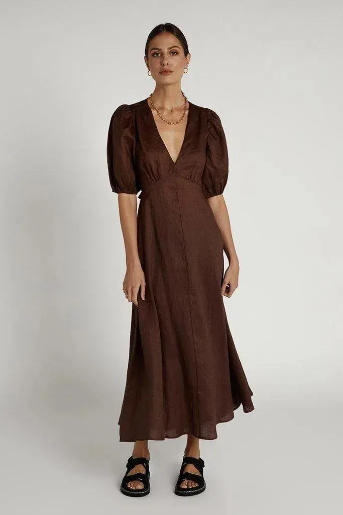 Dissh Remi Linen Maxi Dress Chocolate Size 6 - Image 1