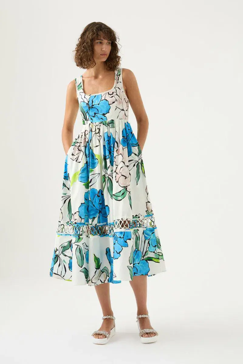 Aje Erika Cut Out Midi Dress in Cool Camellia Floral Size 8 for rent on The Volte - main image