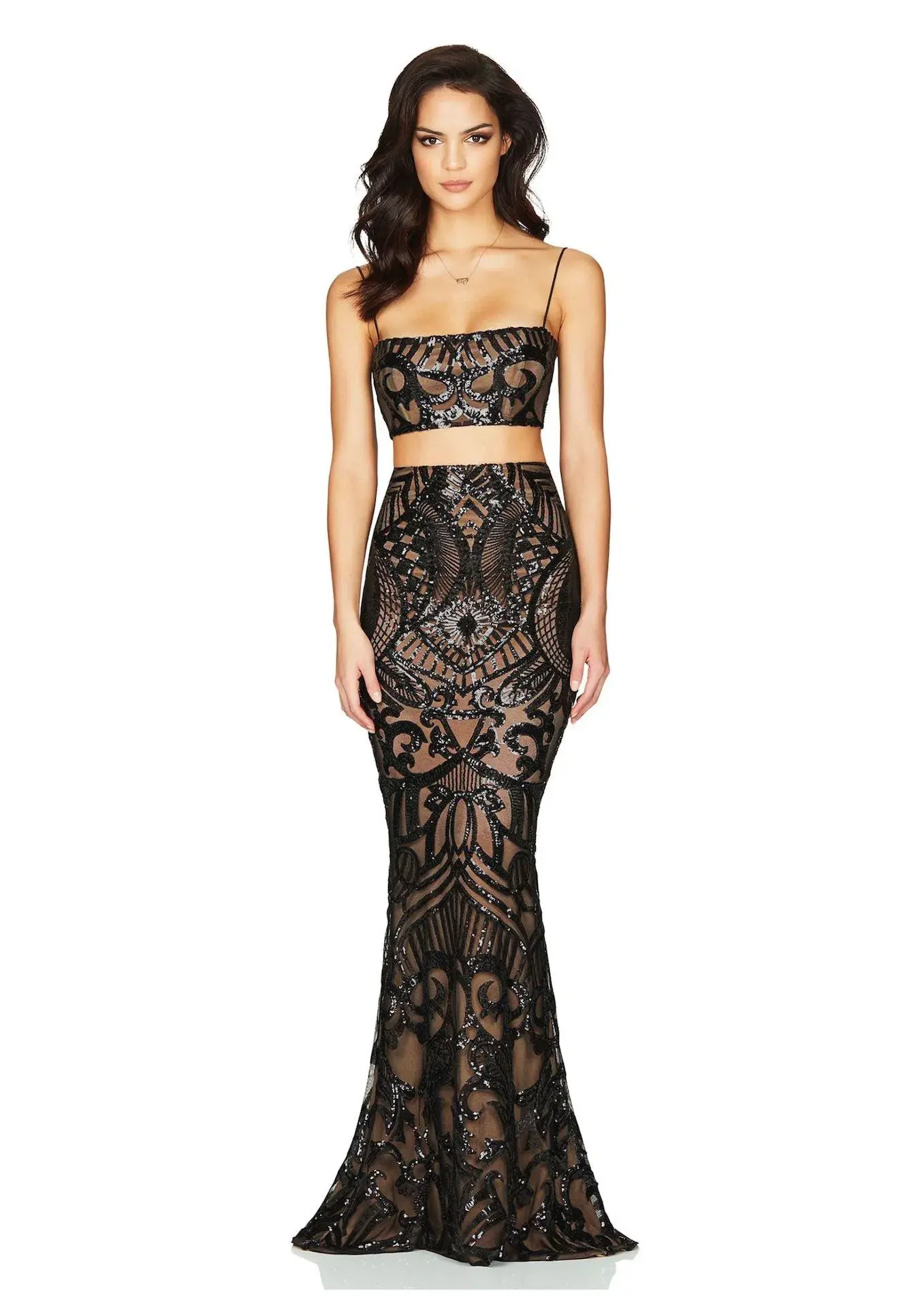 Nookie Mon Cherie Sequin Crop Top and Maxi Skirt Set Black Size S / AU 8 - Image 1