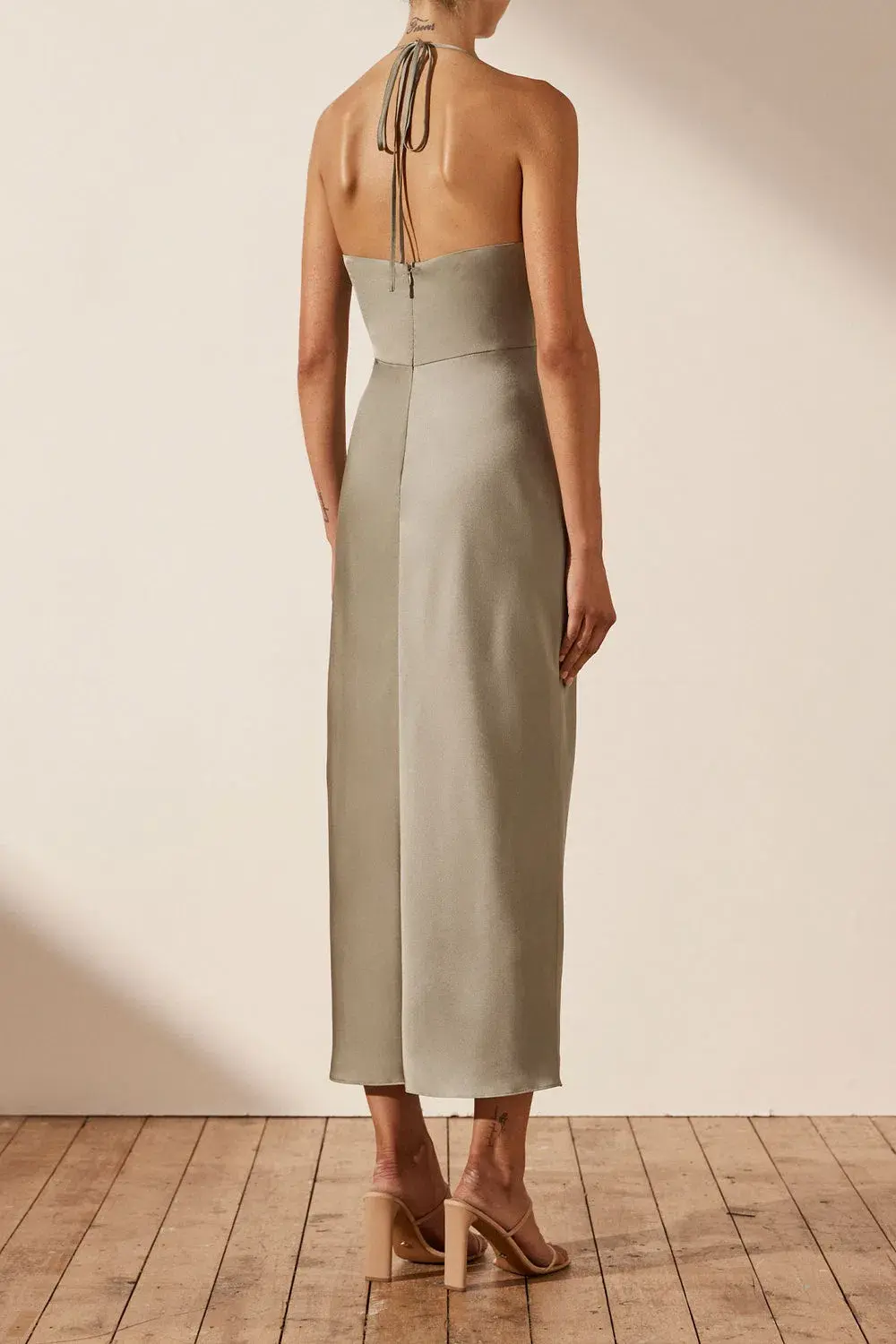 Shona Joy Luxe Twist Front Halter Midi Dress Eucalyptus Size AU 14 for rent on The Volte - main image