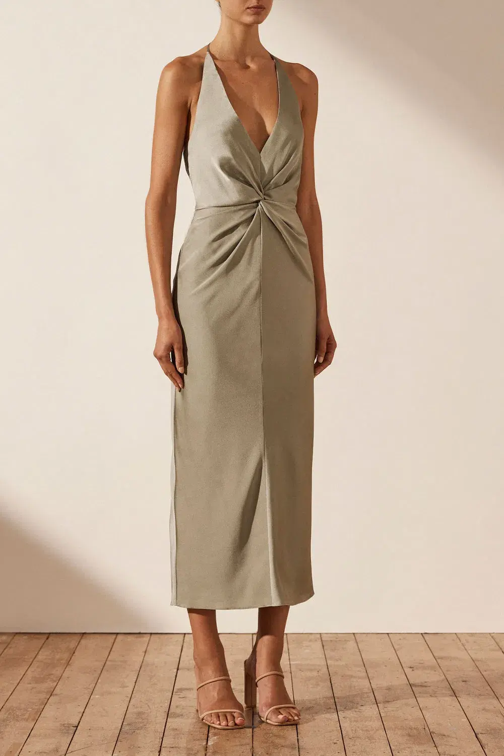 Shona Joy Luxe Twist Front Halter Midi Dress Eucalyptus Size AU 14 - Image 2