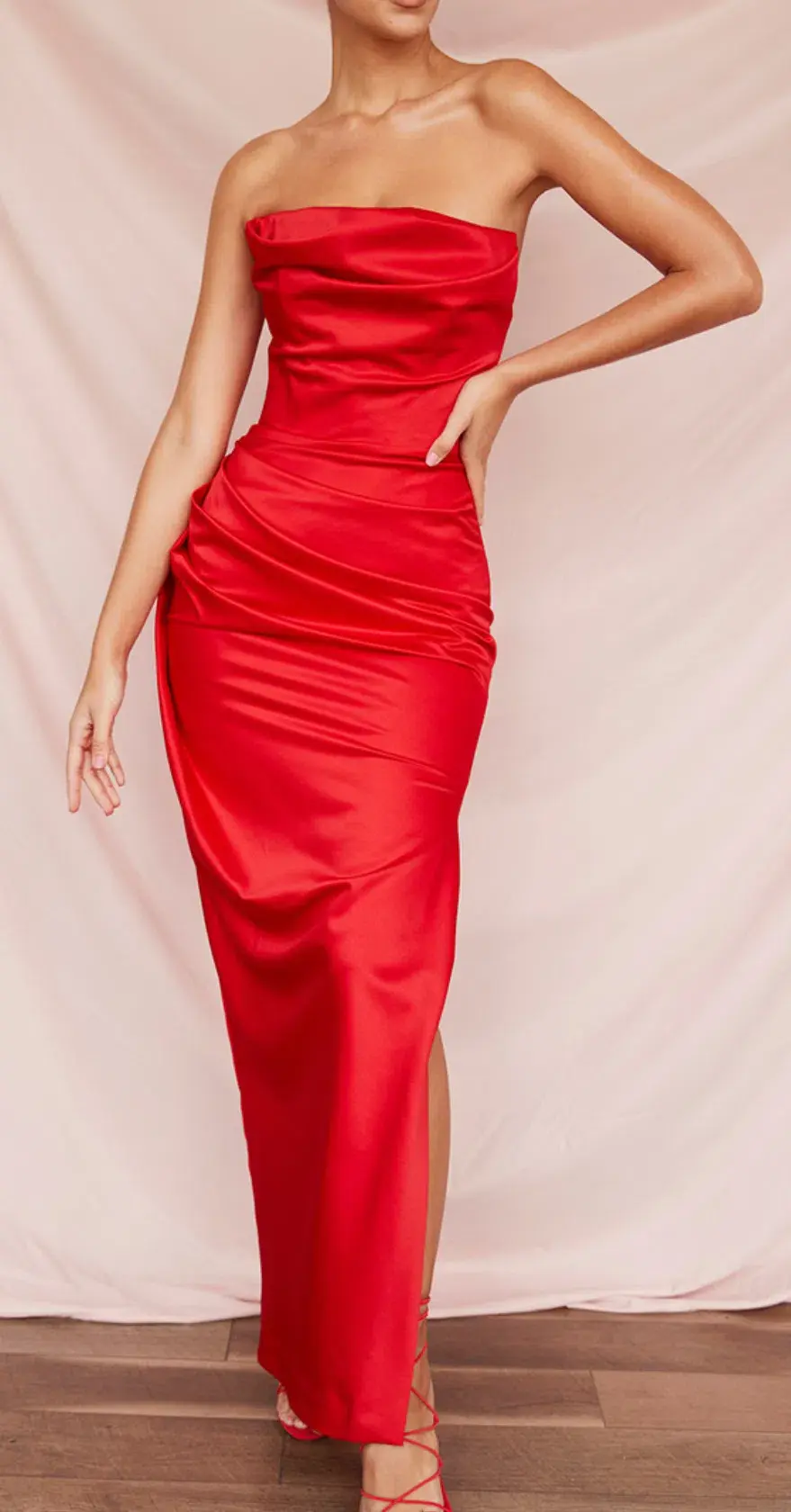 House of CB Adrienne Scarlet Satin Strapless Gown size 12 for rent on The Volte - main image