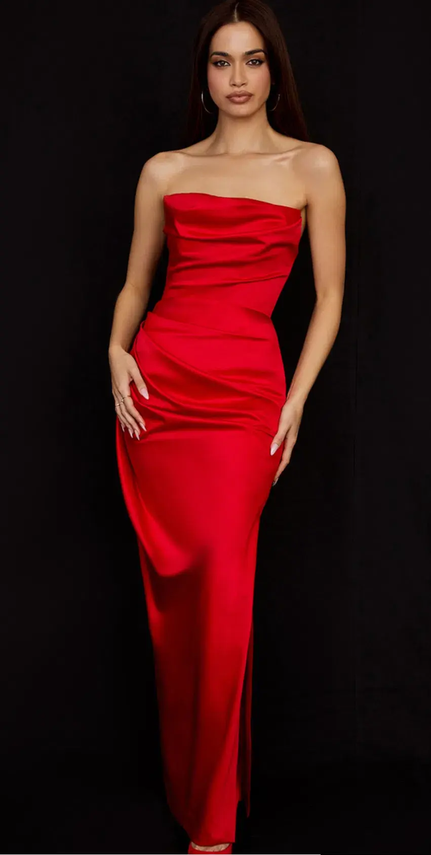 House of CB Adrienne Scarlet Satin Strapless Gown size 12 for rent on The Volte - main image