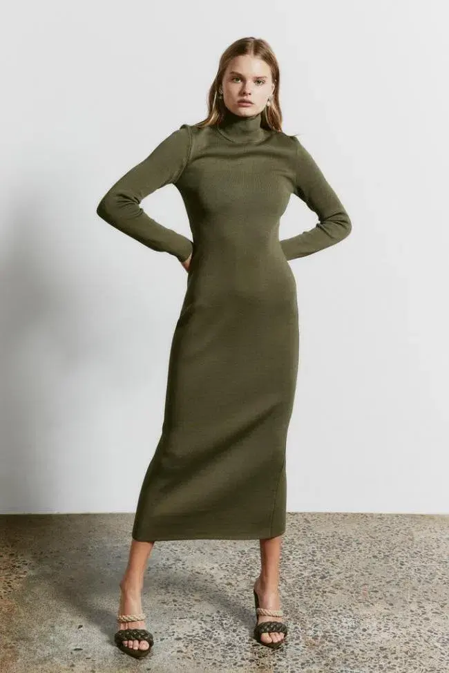 Aje Anika Fitted Knit Dress Khaki Size Xs / Au 6 - Image 2