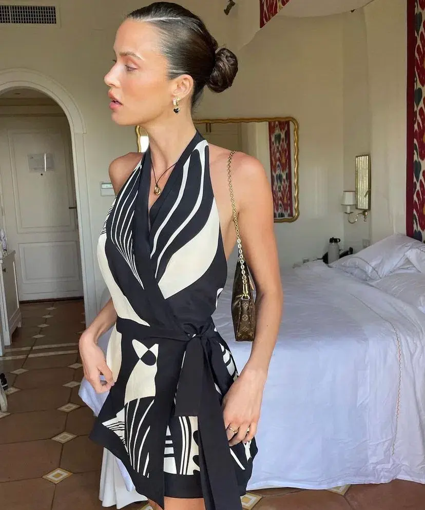 Sir the Label Realisme Wrap Halter Mini Dress Black/Cream Size 0 - Image 1