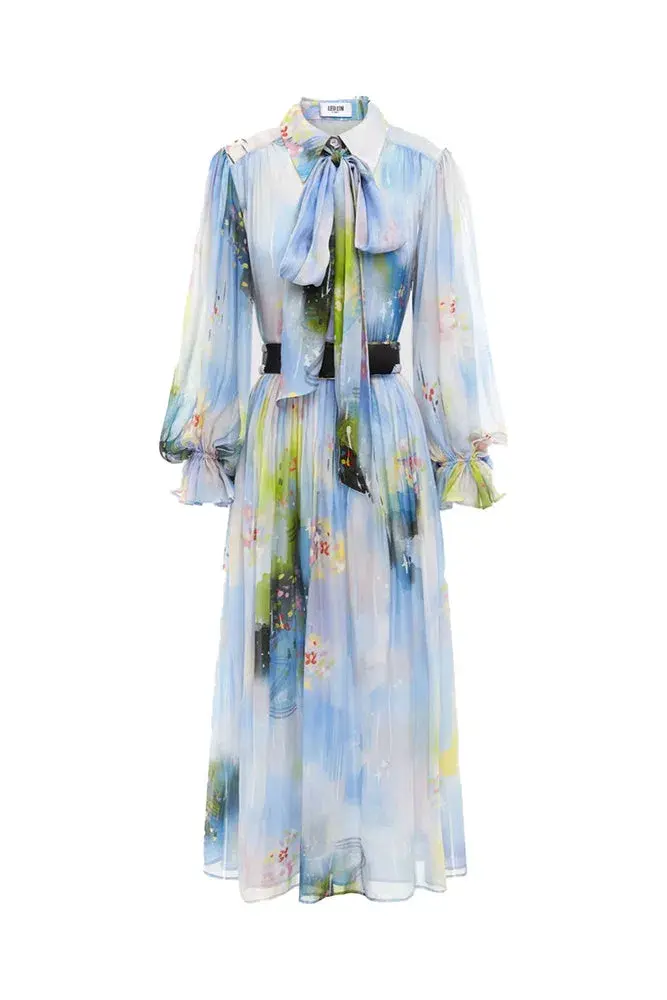 Leo Lin Cassie Tie Neck Midi Dress Willow Print Size 6 for rent on The Volte - main image