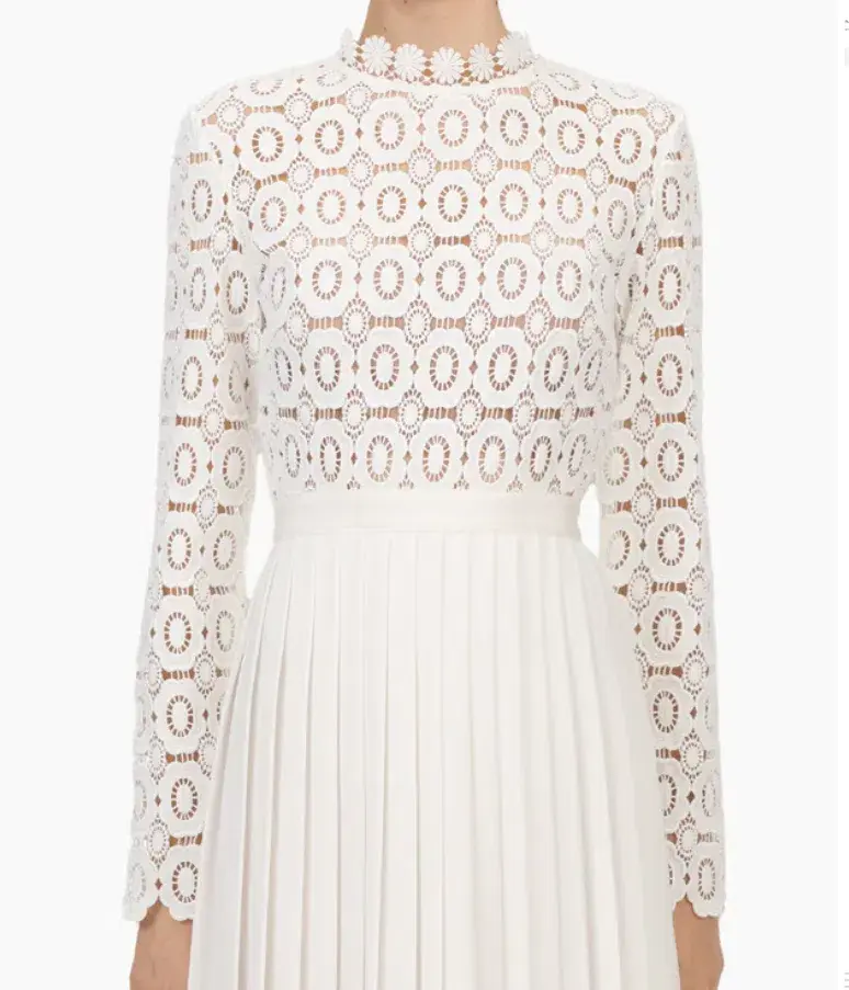 Self Portrait ‘lace Military’ Pleated Crochet Maxi Dress In White Size 8 - Image 4