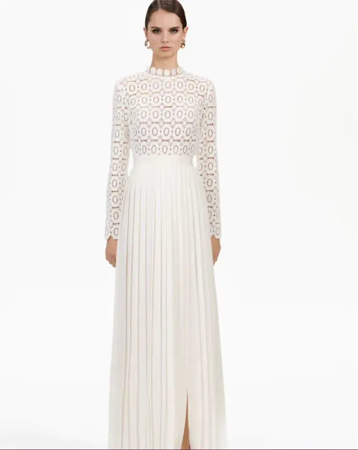 Self Portrait ‘lace Military’ Pleated Crochet Maxi Dress In White Size 8 - Image 1