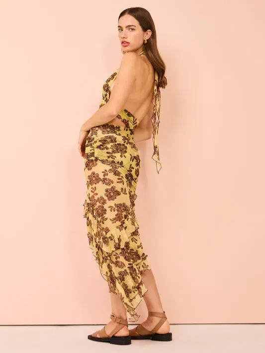 Bec & Bridge Malibu Bay Halter Dress in Yellow Floral Size 6 for rent on The Volte - main image