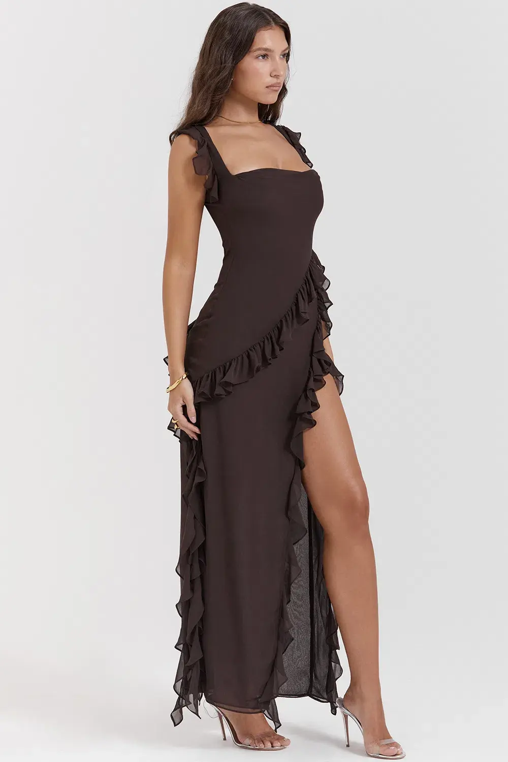 House of CB Ariela Ruffle Maxi Dress in Expresso Size S/ AU 8 for rent on The Volte - main image