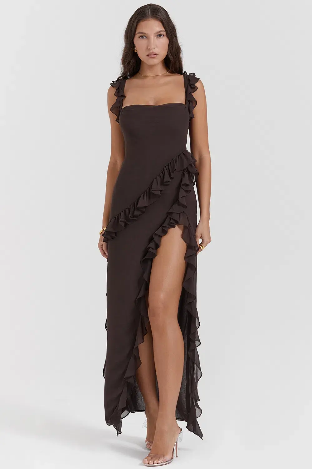 House of CB Ariela Ruffle Maxi Dress in Expresso Size S/ AU 8 for rent on The Volte - main image