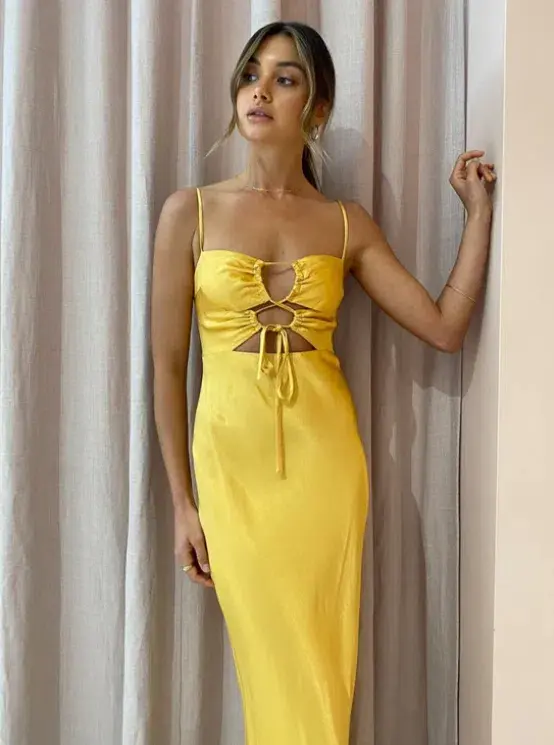Shona Joy Alma Lace Up Midi Dress Saffron Yellow Size AU 12 - Image 2