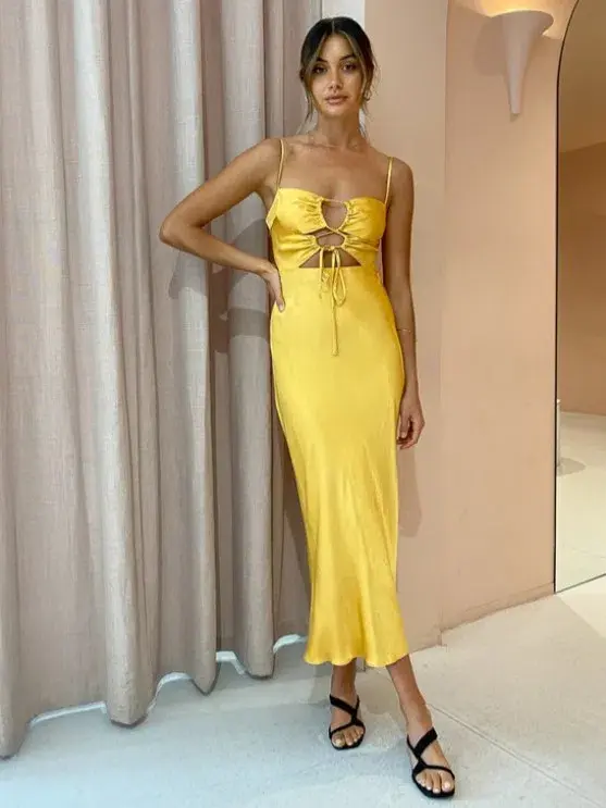 Shona Joy Alma Lace Up Midi Dress Saffron Yellow Size AU 12 - Image 1