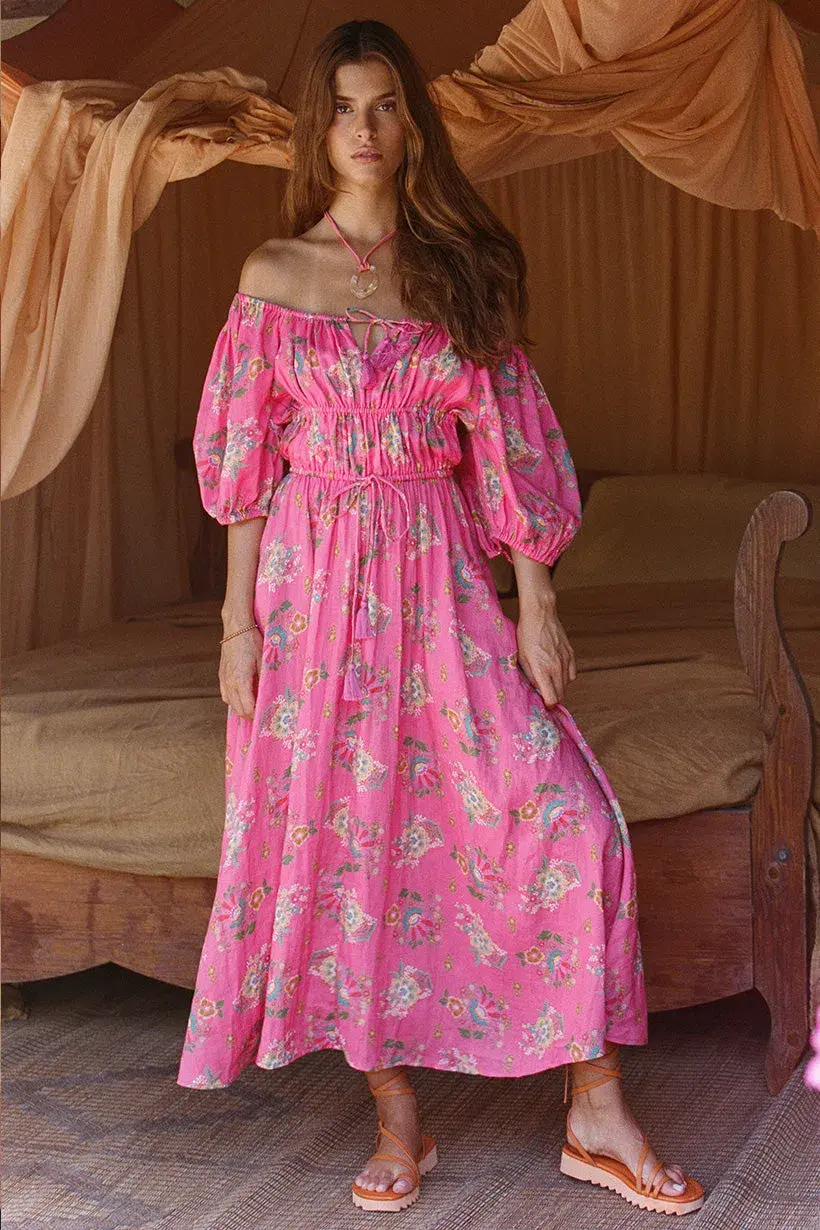 Spell Solstice Linen Soiree Dress Rose Pink Size AU 12 for rent on The Volte - main image