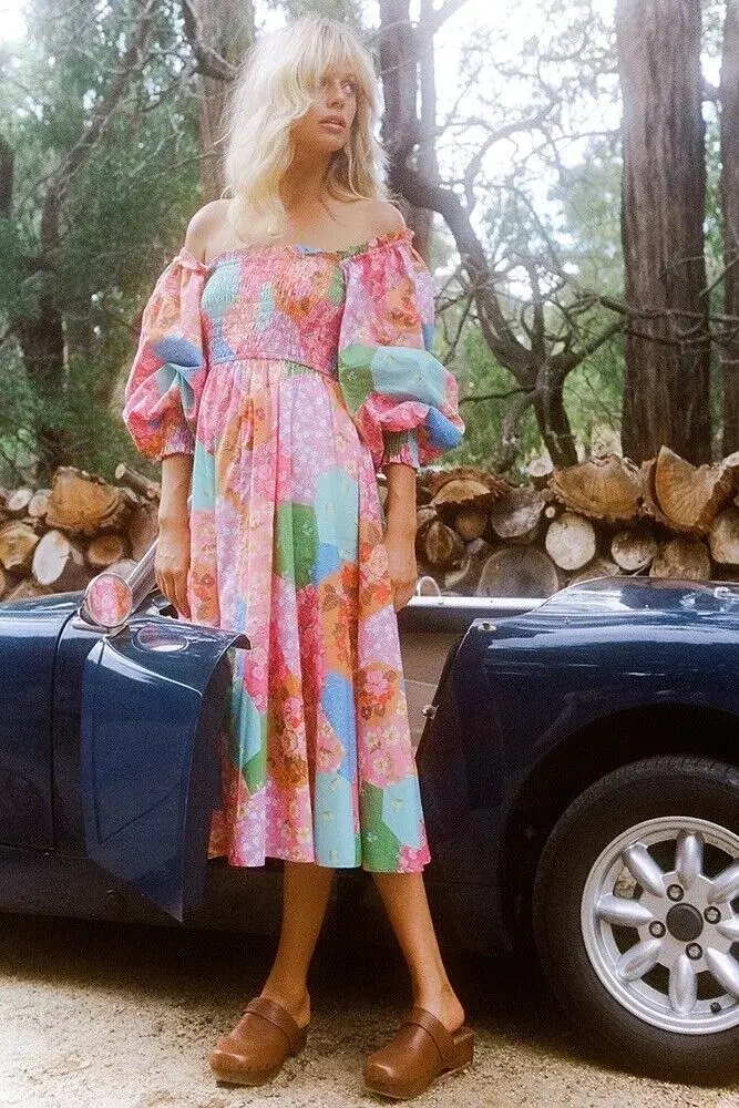 Spell Freda Shirred Midi Dress Multi Size M / AU 10 - Image 2
