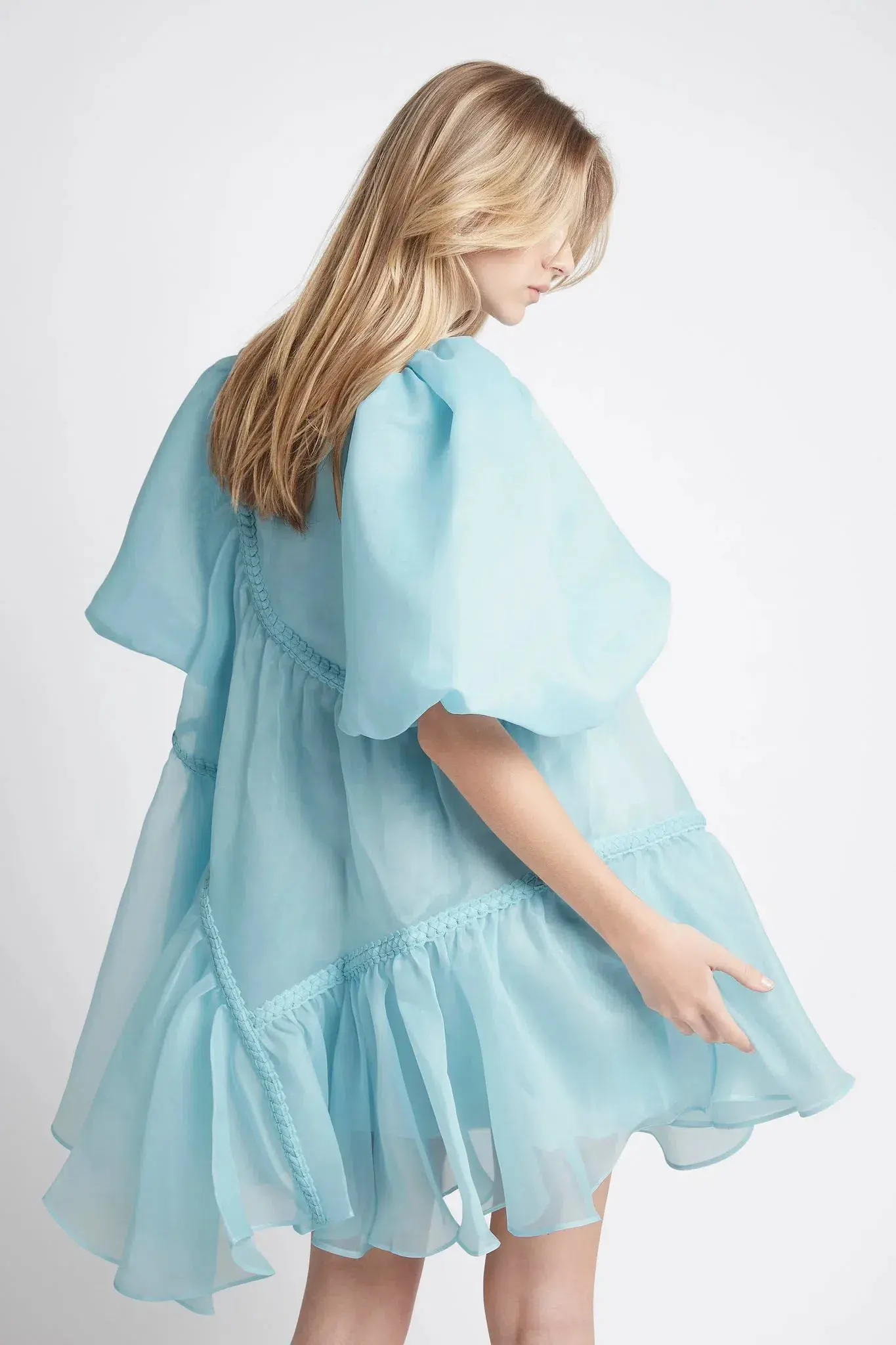 Aje Riviera Assymmetric Braided Puff Sleeve Smock Dress in Ice Blue Size AU 8 - Image 3