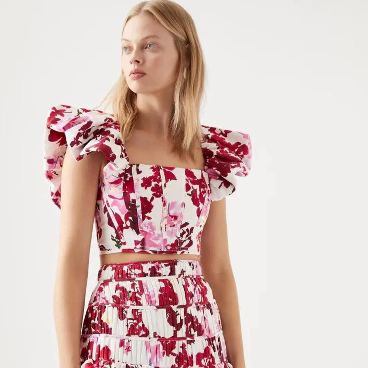 Aje Margot Bubble Frill Top and Unlace Short Set Floral Size 10-12 - Image 1
