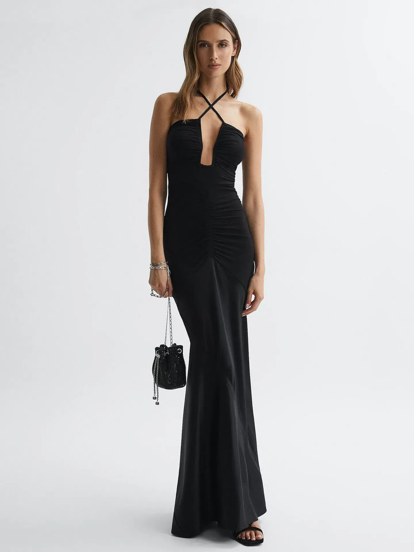 Reiss Thalía Plunge Neck Halter Maxi Dress in Black Size 6 - Image 1
