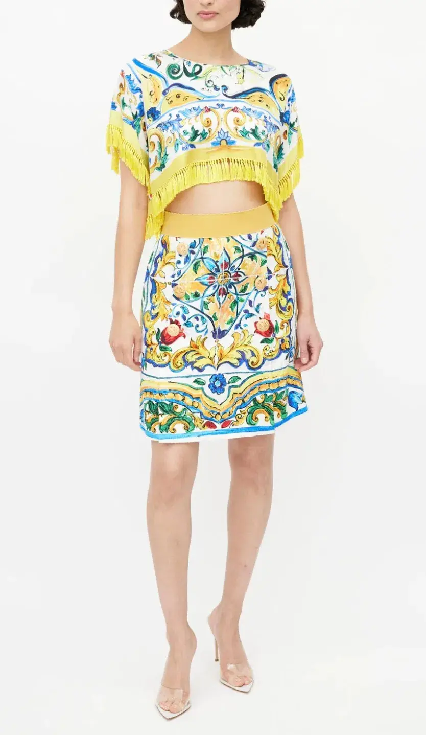 Dolce & Gabbana Crop Top and Mini Skirt Set Majolica Print Size 8 - Image 3