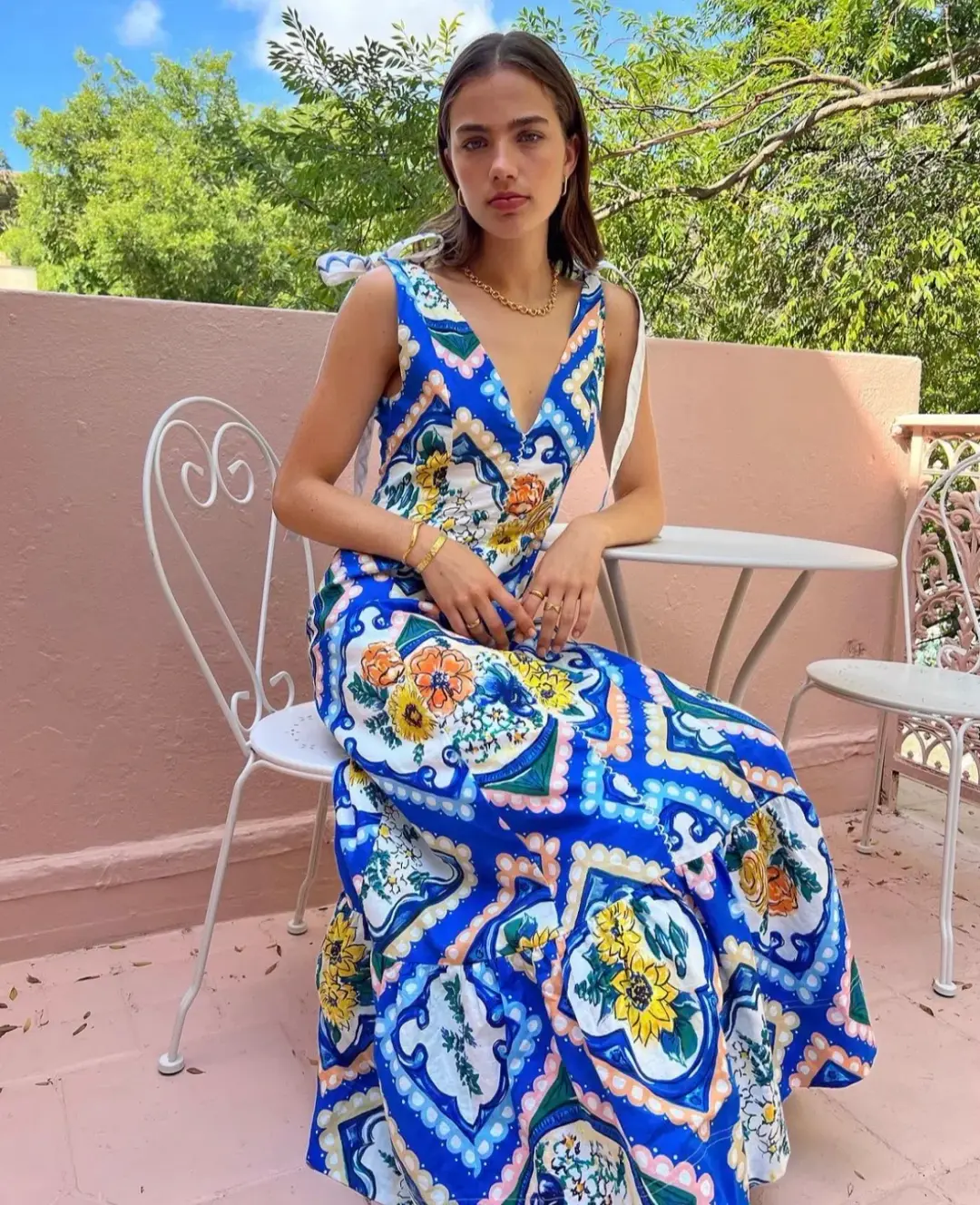 By Nicola Adoncia Tie Shoulder Maxi Dress Azure Floral Size 6 for rent on The Volte - main image