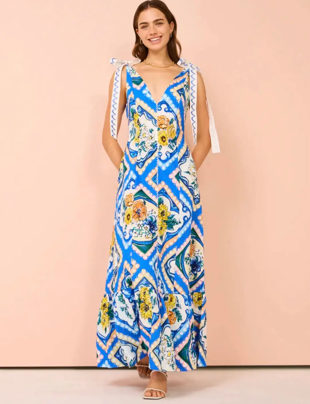 By Nicola Adoncia Tie Shoulder Maxi Dress Azure Floral Size 6 for rent on The Volte - main image