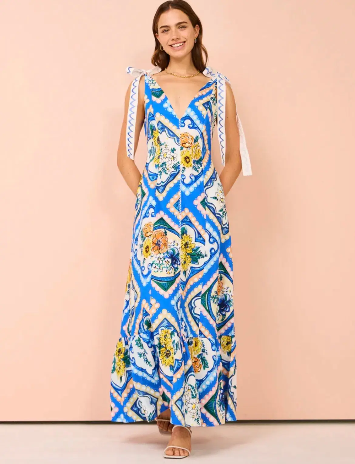 By Nicola Adoncia Tie Shoulder Maxi Dress Azure Floral Size 6 - Image 1