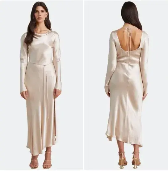 Bec & Bridge Moon Dance Long Sleeve Cowl Dress Sand Size 12  for rent on The Volte - main image