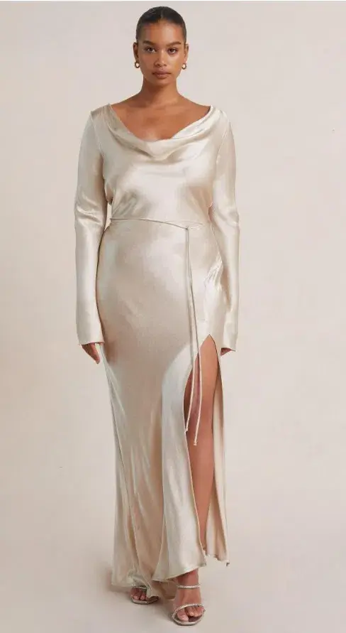 Bec & Bridge Moon Dance Long Sleeve Cowl Dress Sand Size 12  for rent on The Volte - main image