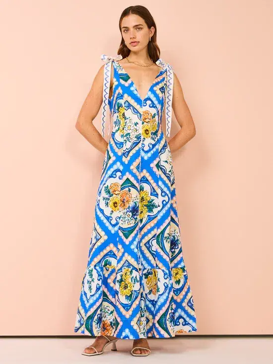 By Nicola Adoncia Tie Shoulder Maxi Dress In Azure Floral Size 10 - Image 1