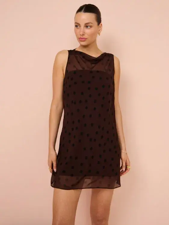 Bec & Bridge Turner Boatneck Mini  Sheer Spot Dress In Chocolate/Black Size 10 - Image 1