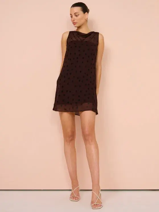 Bec & Bridge Turner Boatneck Mini  Sheer Spot Dress In Chocolate/Black Size 10 for rent on The Volte - main image