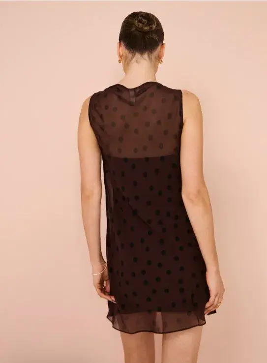 Bec & Bridge Turner Boatneck Mini  Sheer Spot Dress In Chocolate/Black Size 10 - Image 3