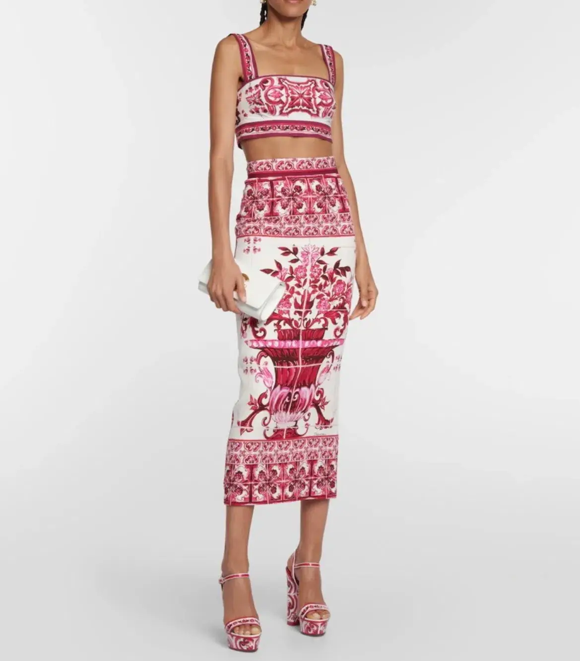 Dolce & Gabbana Majolica Top and Silk Blend Midi Skirt in Red Set Size 10  - Image 2