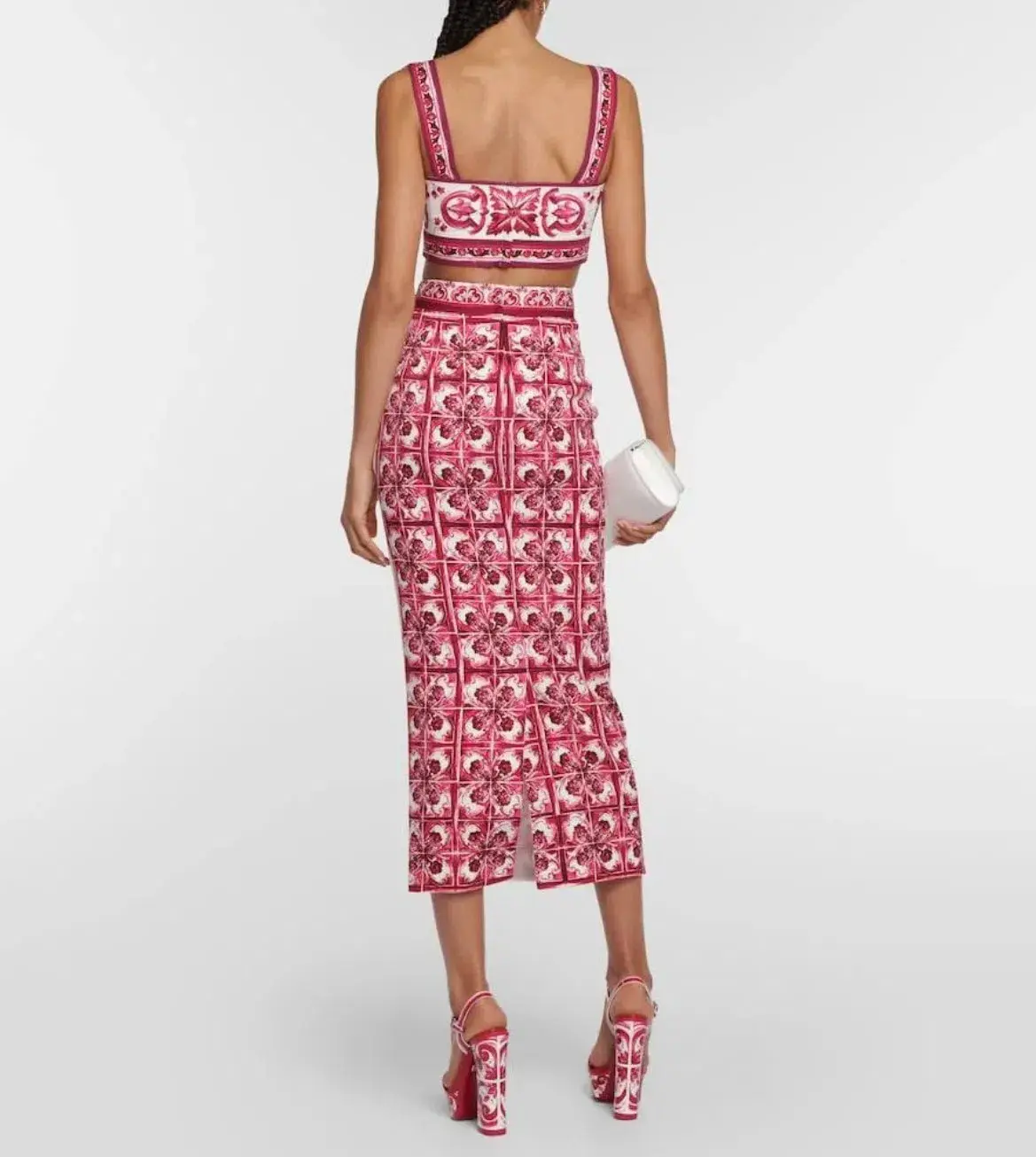 Dolce & Gabbana Majolica Top and Silk Blend Midi Skirt in Red Set Size 10  - Image 3