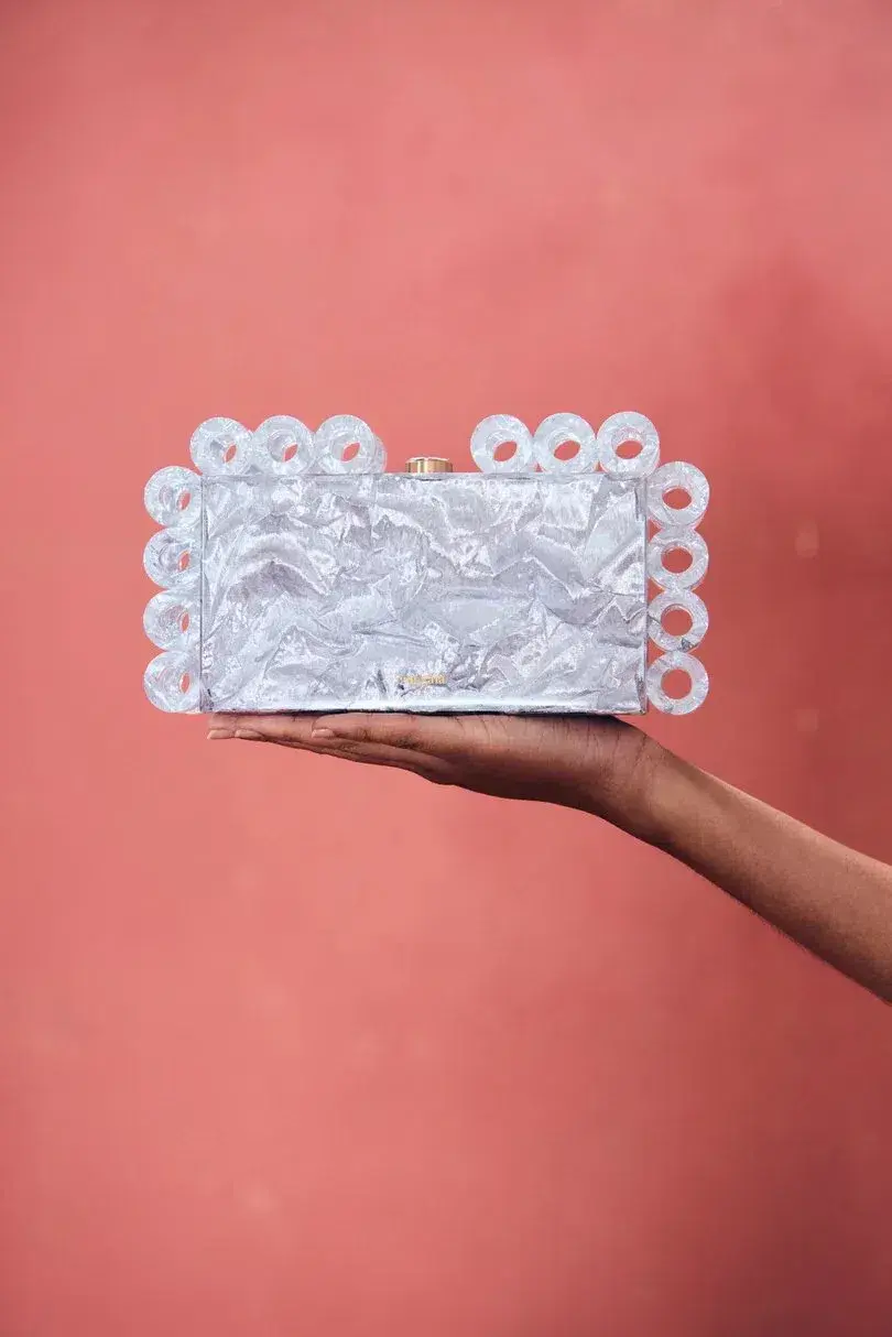 Cult Gaia Harlow Ring Crinkled Metallic Silver Clutch Bag - Image 1