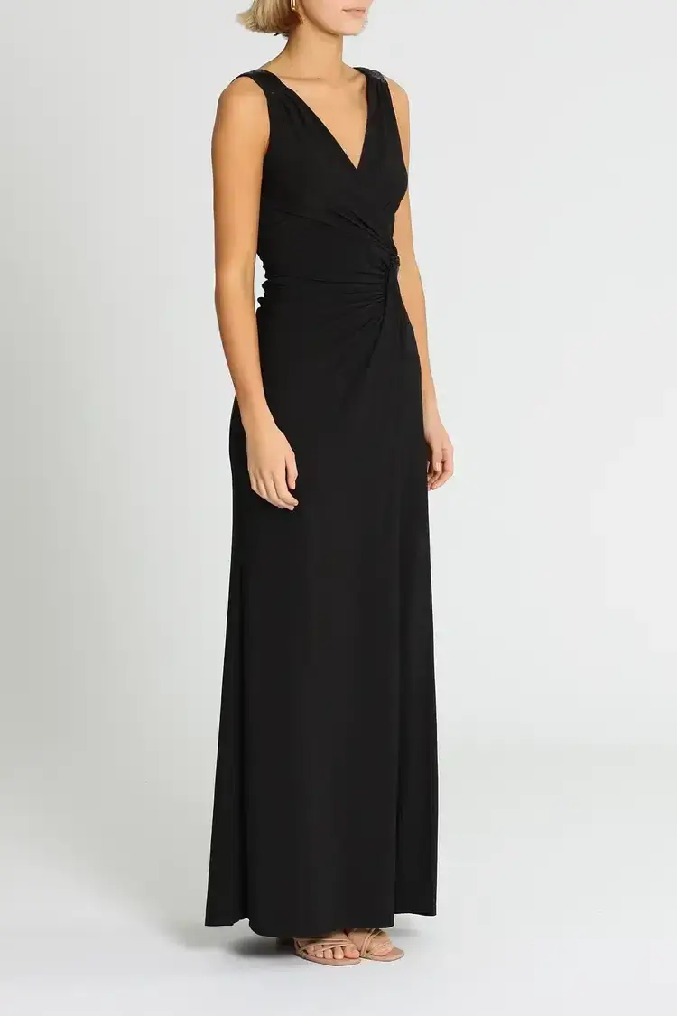 Montique Amalia Jersey Wrap Gown in Black Size 12 for rent on The Volte - main image