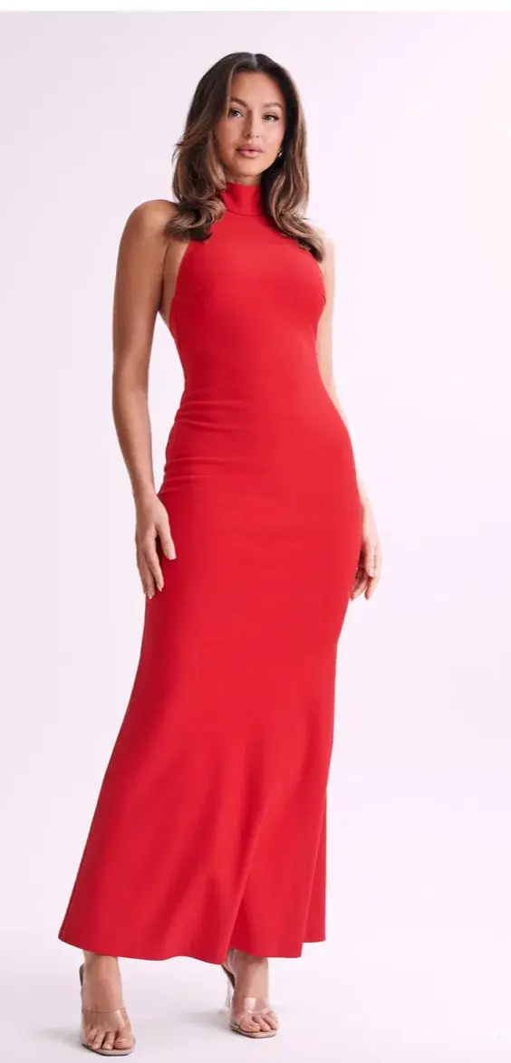 Meshki Genesis High Neck Maxi Dress in Red Size 4 for rent on The Volte - main image