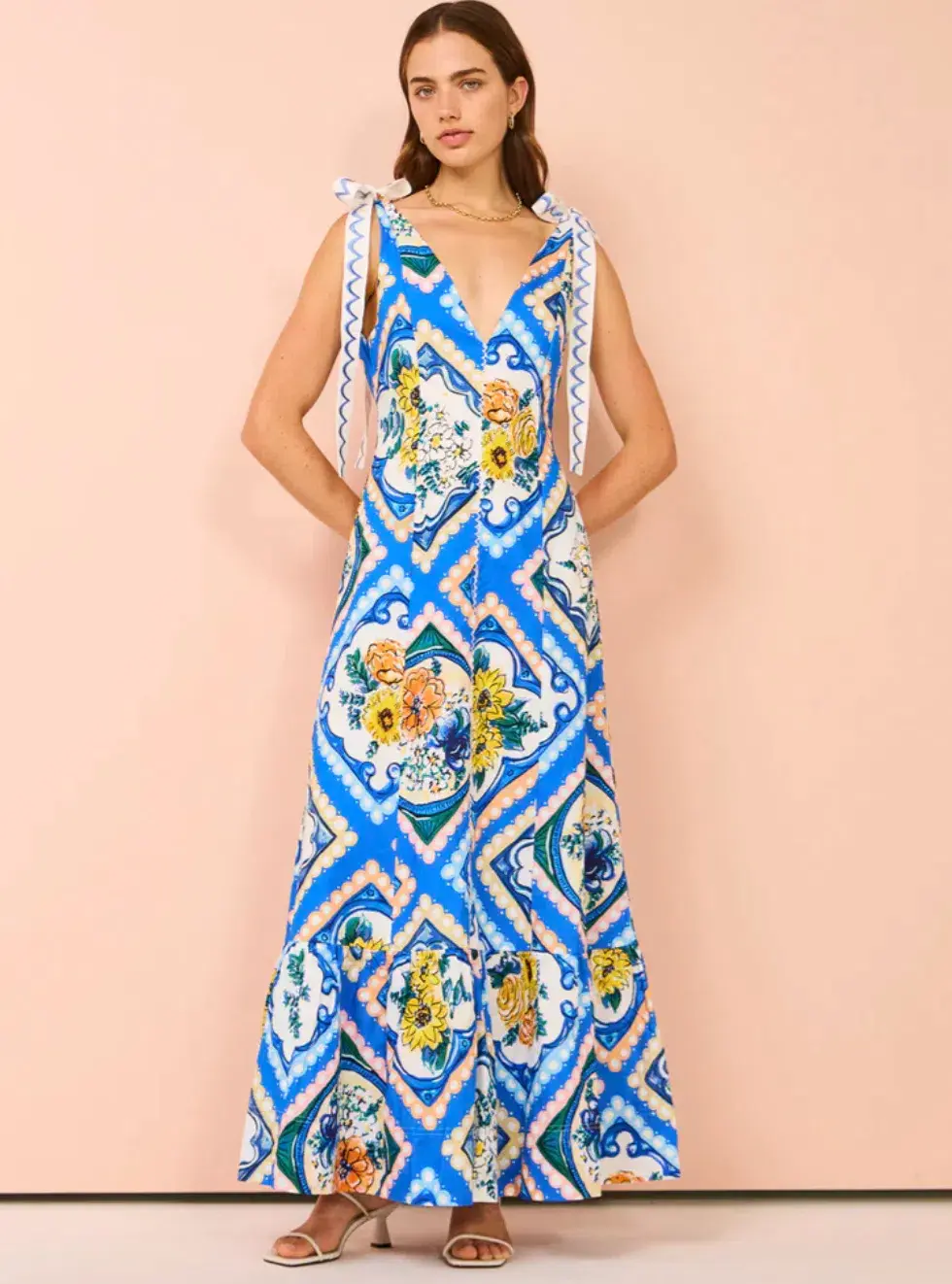 By Nicola Adocia Tie Shoulder Maxi Dress Azure Blue Floral Size 10 - Image 1