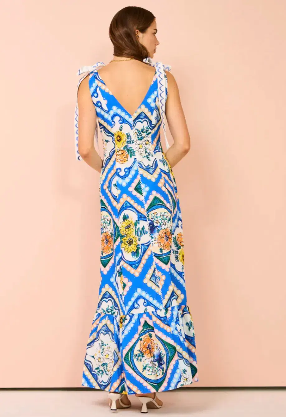 By Nicola Adocia Tie Shoulder Maxi Dress Azure Blue Floral Size 10 - Image 3