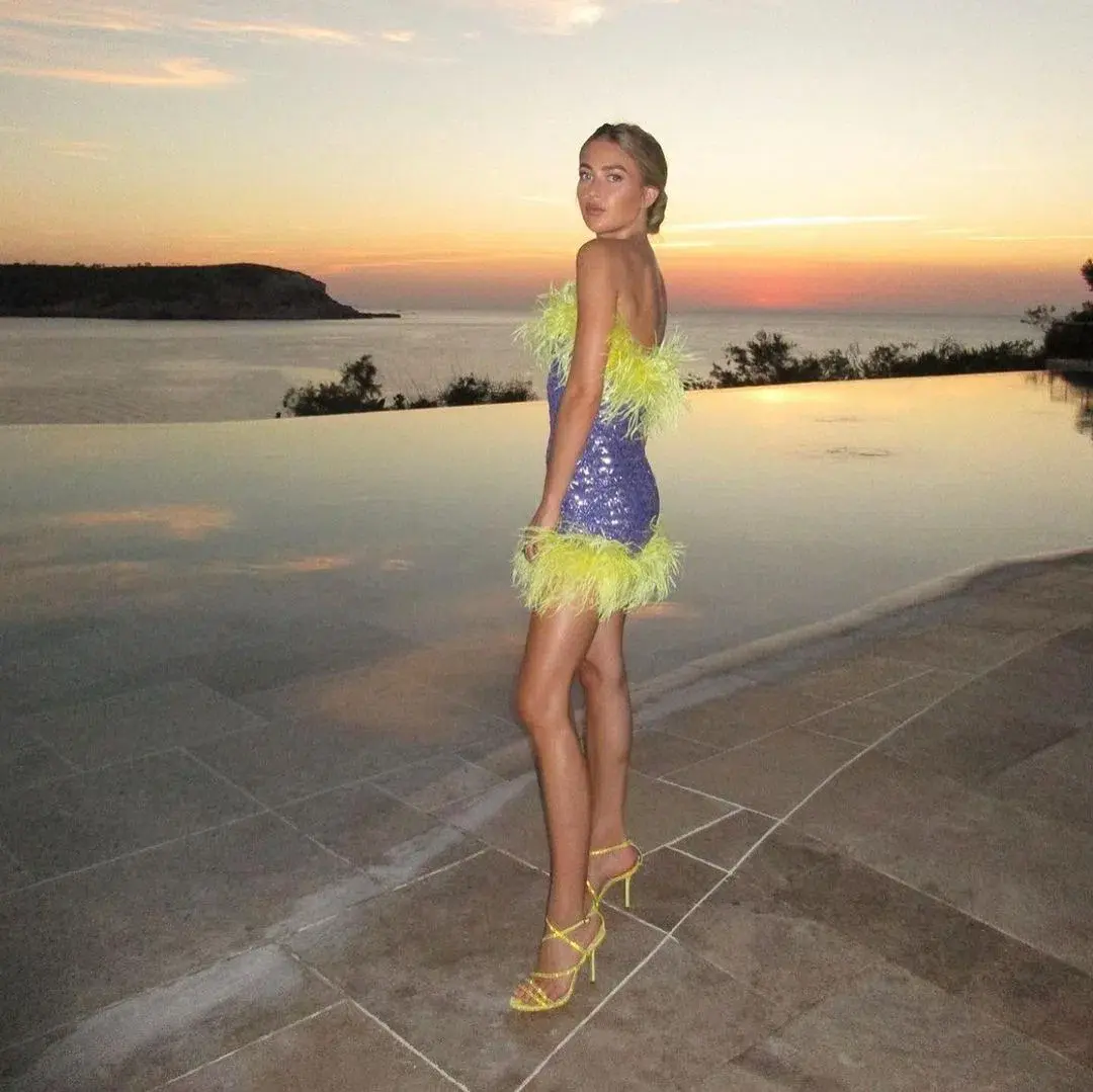 Oseree Paillettes Plumage Mini Dress Lilac and Citron Size AU 8 - Image 2
