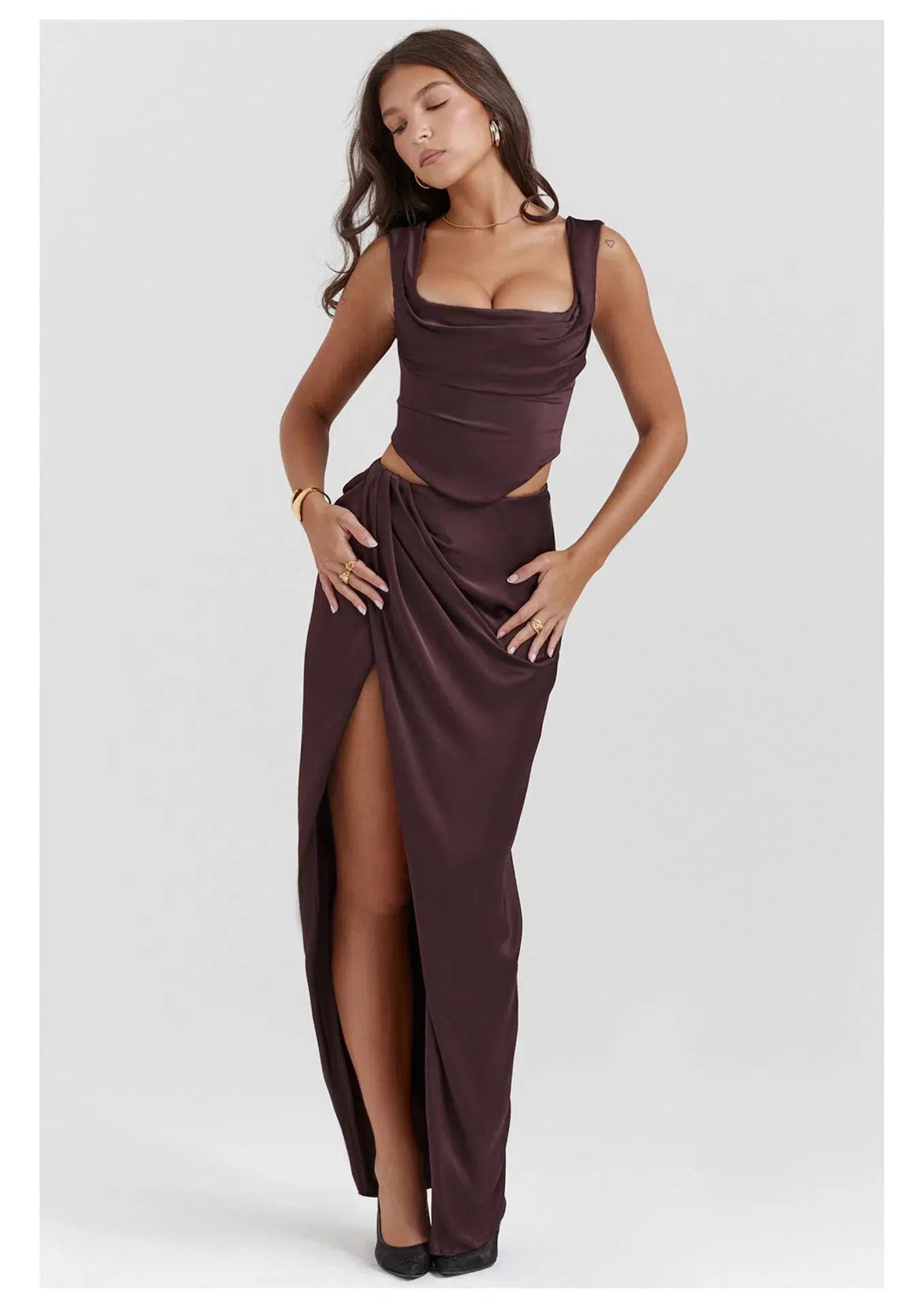 House of CB Una Corset Top and Vesper Maxi Skirt Set Rich Brown Size 8 - Image 1