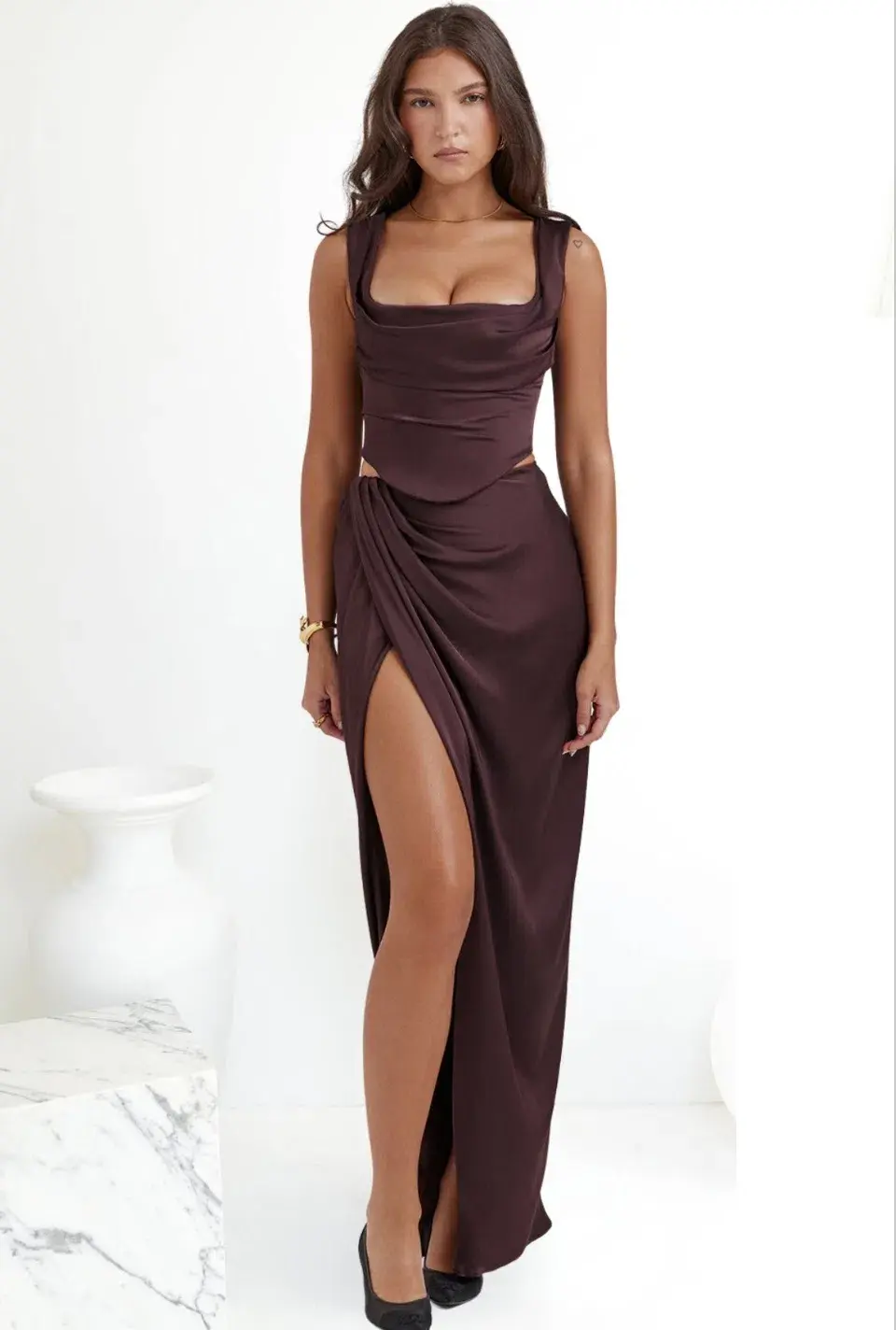 House of CB Una Corset Top and Vesper Maxi Skirt Set Rich Brown Size 8 - Image 2