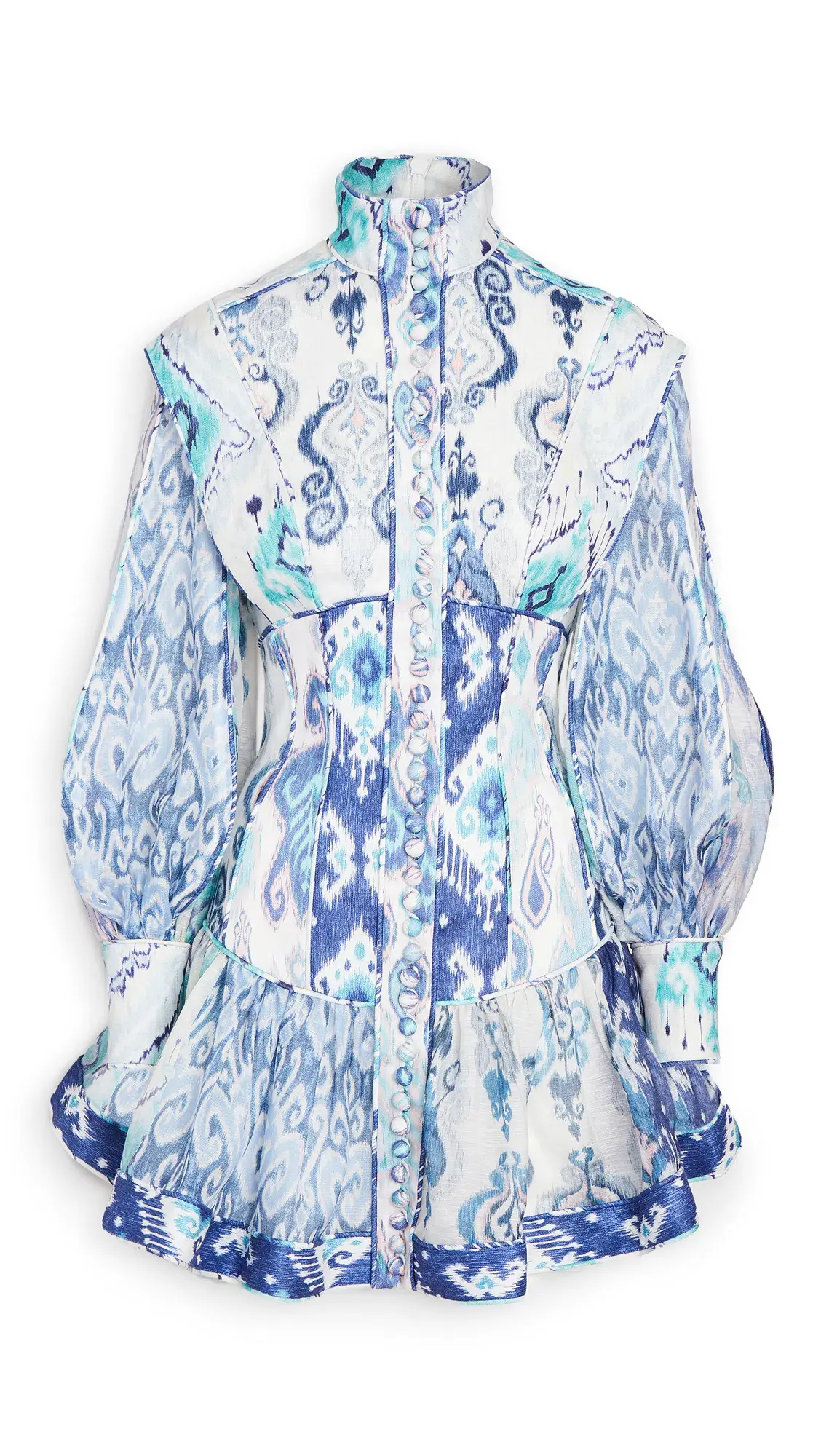 Zimmermann Glassy Long Sleeve Mini Dress Spliced Blue Ikat  Size 0 / 8 AU - Image 3