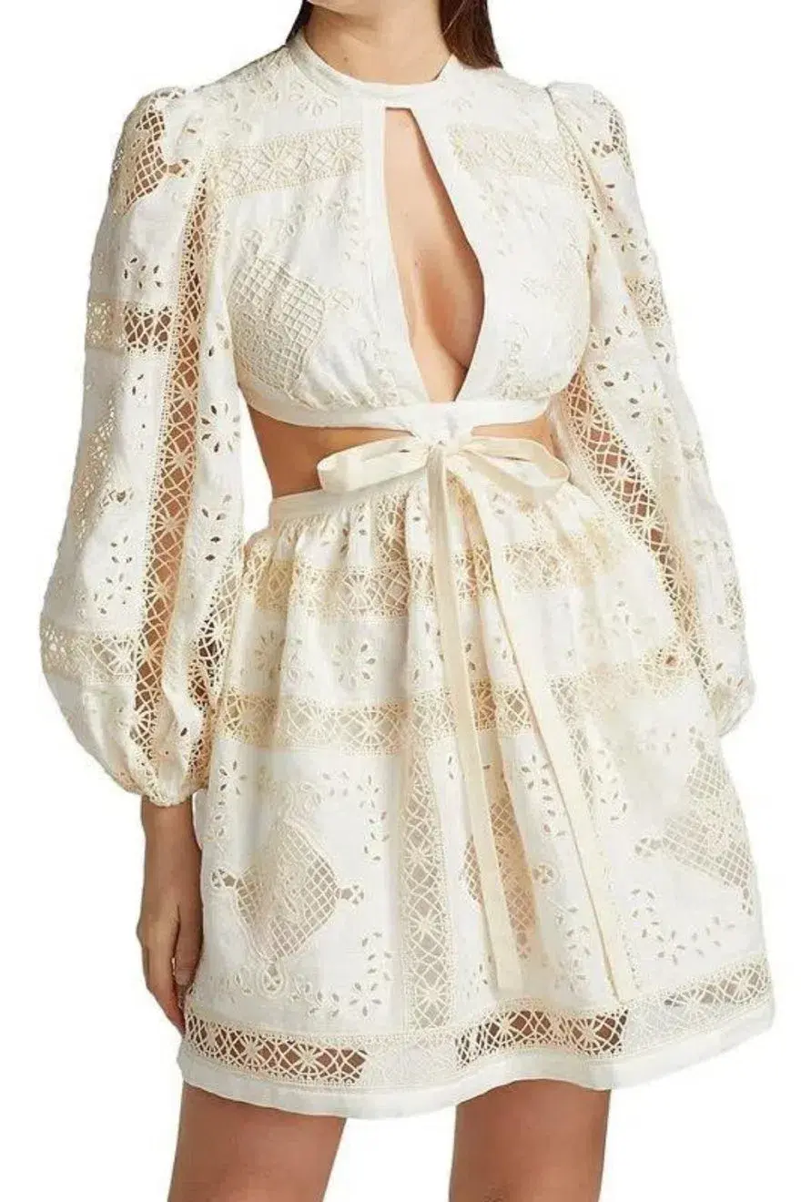 Zimmermann Aliane Embroidered Short Dress Ivory Size 0 / 8 AU for rent on The Volte - main image
